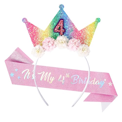 Dmnnlp 4. Geburtstag Dekorationen für Mädchen, Stirnband & Glitzer Schärpe, Blume Prinzessin Krone Haarband, Geburtstagsgeschenk für 4 Jahre alte Mädchen Dmnnlp 4. Geburtstag Dekorationen für Mädchen, Stirnband & Glitzer Schärpe, Blume Prinzessin Krone Haarband, Geburtstagsgeschenk für 4 Jahre alte Mädchen von Dmnnlp