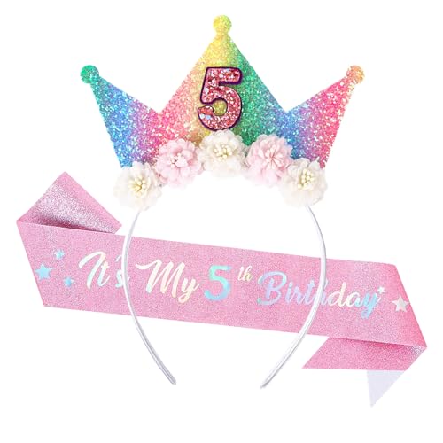 Dmnnlp 5 Geburtstag Dekorationen für Mädchen, Stirnband & Glitzer Schärpe, Blume Prinzessin Krone Haarband, Geburtstagsgeschenk für 5 Jahre alte Mädchen Dmnnlp 5 Geburtstag Dekorationen für Mädchen, Stirnband & Glitzer Schärpe, Blume Prinzessin Krone Haarband, Geburtstagsgeschenk für 5 Jahre alte Mädchen von Dmnnlp