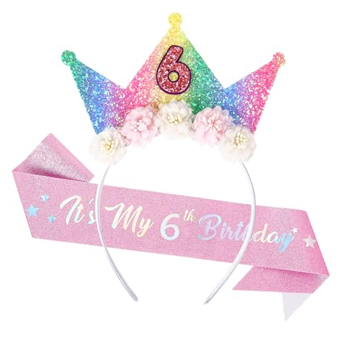 Dmnnlp 6 Geburtstag Dekorationen für Mädchen, Stirnband & Glitzer Schärpe, Blume Prinzessin Krone Haarband, Geburtstagsgeschenk für 6 Jahre alte Mädchen Dmnnlp 6 Geburtstag Dekorationen für Mädchen, Stirnband & Glitzer Schärpe, Blume Prinzessin Krone Haarband, Geburtstagsgeschenk für 6 Jahre alte Mädchen von Dmnnlp