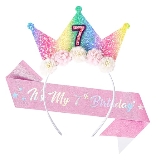 Dmnnlp 7 Geburtstag Dekorationen für Mädchen, Stirnband & Glitzer Schärpe, Blume Prinzessin Krone Haarband, Geburtstagsgeschenk für 7 Jahre alte Mädchen Dmnnlp 7 Geburtstag Dekorationen für Mädchen, Stirnband & Glitzer Schärpe, Blume Prinzessin Krone Haarband, Geburtstagsgeschenk für 7 Jahre alte Mädchen von Dmnnlp