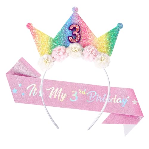 Dmnnlp Dekoration zum 3. Geburtstag für Mädchen, Stirnband und Glitzer-Schärpe, Blumen-Prinzessinnenkronen-Haarband, Geburtstagsgeschenk für 3-jährige Mädchen Dmnnlp Dekoration zum 3. Geburtstag für Mädchen, Stirnband und Glitzer-Schärpe, Blumen-Prinzessinnenkronen-Haarband, Geburtstagsgeschenk für 3-jährige Mädchen von Dmnnlp