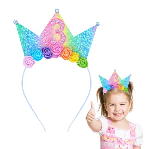 Dmnnlp Stirnband zum 3. Geburtstag für Mädchen – funkelnde Prinzessinnenkrone, Haarband, Kinderparty-Dekorationen, Regenbogenblumenkrone, Geschenk für 3 Jahre alt von Dmnnlp