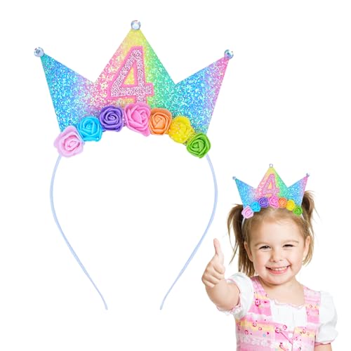 Dmnnlp Stirnband zum 4. Geburtstag für Mädchen – glitzernde Prinzessinnenkrone, Haarband, Kinderparty-Dekorationen, Regenbogenblumenkrone, Geschenk für 4 Jahre alt von Dmnnlp