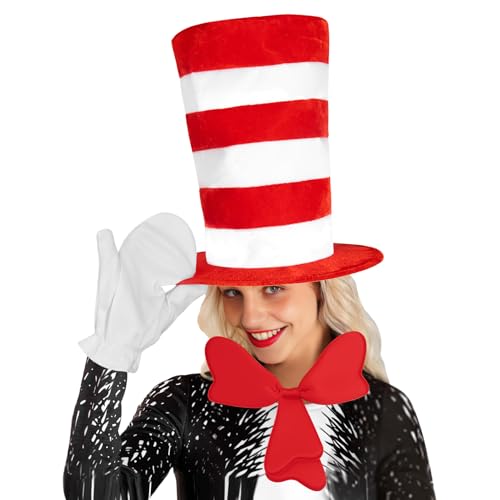 Dmuzsoih Katzenhut Schleife - Rot-Weiß Gestreifter Hut Fliege Handschuhe Cosplay | Cosplay Accessoires Rollenspiel Halloween Verkleidung für Kinder Mädchen Fest Welttag des Buches Karneval von Dmuzsoih