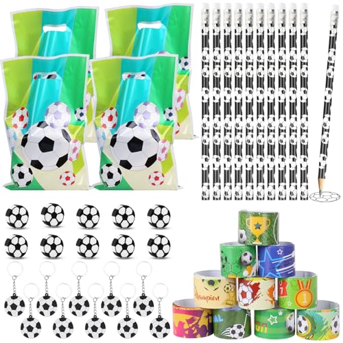 Dncvb 50 Stk Fussball Mitgebsel,10 Fußball Bleistifte,10 Fußball Radiergummi,10 Schlüsselanhänger Fußball,10 Geschenktüten Fussball,10 Fußball Armbänder,Fussball Geschenke für Junge und Mädchen von Dncvb