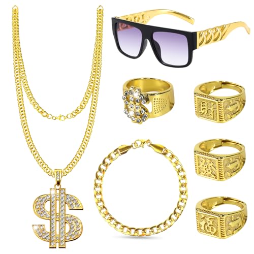 Dncvb 8 Stück Zuhälter Kostüm, Hip Hop Kostüm Kit, Rapper Kostüm Zubehör, Goldkette Herren Gangster Gang Sonnenbrille Goldene Dollar Kette Ring Hanzi-Ringe für 80er 90er Jahre Outfit Herren Accessoir Dncvb 8 Stück Zuhälter Kostüm, Hip Hop Kostüm Kit, Rapper Kostüm Zubehör, Goldkette Herren Gangster Gang Sonnenbrille Goldene Dollar Kette Ring Hanzi-Ringe für 80er 90er Jahre Outfit Herren Accessoir von Dncvb