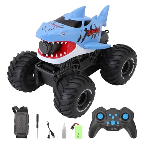 Dodoore Amphibisches RC Auto, Ferngesteuertes Hai-Spielzeug mit Wasserspray mit 10m Reichweite, Offroad-RC-Truck mit Gestenerkennung, Ferngesteuertes Auto für Land und Wasser (Blau 1 Batterie) von Dodoore