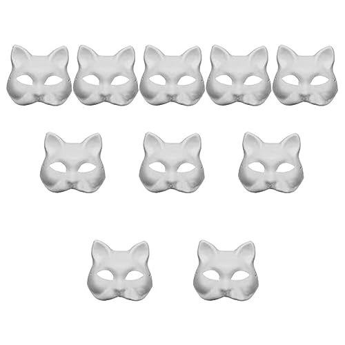 Doengdfo 10 Stück DIY Unbemalte Maskerademasken Katzenmasken Weiße Zellstoff-Rohmaske für Halloween-Weihnachtsparty-Dekorationen von Doengdfo