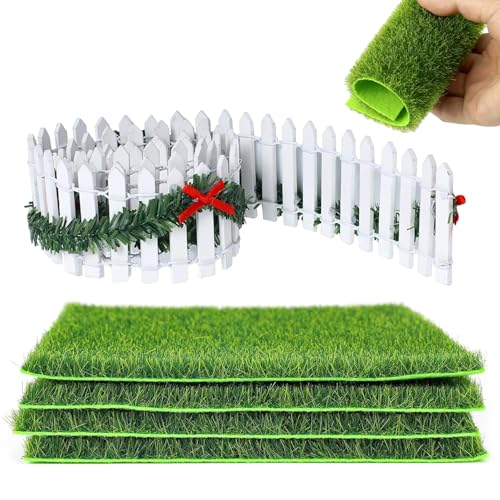 Miniatur Garten Kunstrasen Set - 4 Stück Zum Basteln, 90cm Wichtel Zaun, Künstlicher Rasen, Deko für Puppenhaus und Miniatur Zubehör von Dog's Booty