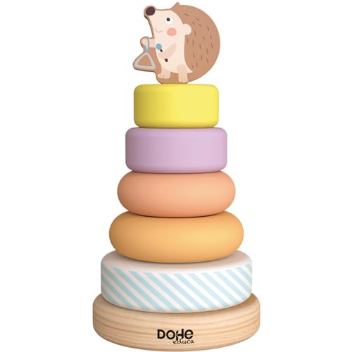 DOHE Educa – Stackable Wooden Baby Hoops – 5 Coloured Rings and Base, Funny Hedgehog for The Top, Children's and Educational Material von DOHE