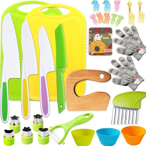 Kid Safe Knife Tools Toddler Kitchen Set for Real Cooking, Montessori Kids Kitchen Knife Set with Cutting Board Crinkle Cutters Kid Wood Knives, Toddlers Kitchen Tools for Age 3-10 Years Old Girl Boy von Doiaz