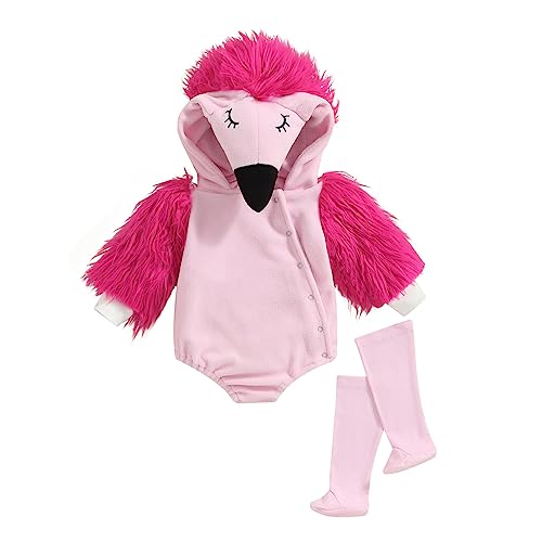 Doisbetthsay Flanell-Kostüm für Baby und Mädchen, Halloween-Kostüm, Flanell-Strampler mit Kapuze, Cartoon-Kostüm, Halloween-Kostüm (rosa Flamingo, 0-6 Monate) von Doisbetthsay
