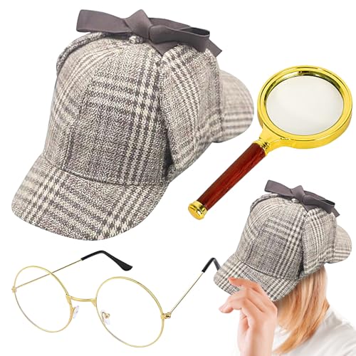 Doiyislem Detektiv Kostümzubehör Set | Detektiv Cosplay Zubehör,Cosplay Kostüm Accessoires, Hut Brille Lupe für Damen Herren Mädchen Halloween Party Bühnenauftritt von Doiyislem