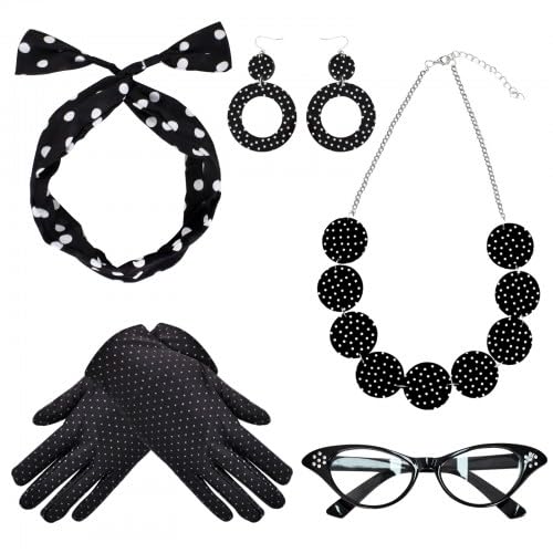 Dokeno Damen Faschingskostüm, 5 Stücke Rockabilly Kostüm Accessoires, Ohrringe, Halskette, Polka Dot Stirnband, Brille, Handschuhe, 50er Jahre Kleid Zubehör Mit Polka Dot, für Retro Party Dokeno Damen Faschingskostüm, 5 Stücke Rockabilly Kostüm Accessoires, Ohrringe, Halskette, Polka Dot Stirnband, Brille, Handschuhe, 50er Jahre Kleid Zubehör Mit Polka Dot, für Retro Party von Dokeno