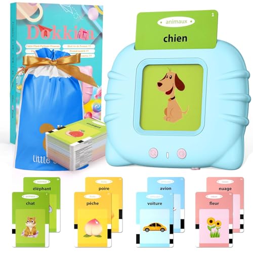 Dokkita Sprechende Lernkarten Französisch, Flash Karten Kinder Französisch, Standard Französisch-112 Blätter 224 Wörter, Lernkarten zur Sprachförderung, Vorschule Geschenk Spielzeug-Blau von Dokkita
