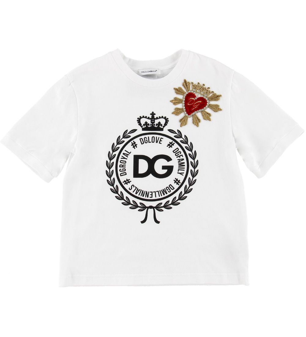 Dolce & Gabbana T-Shirt - Weiß m. Aufnäher/Kristalle - Dolce & Gabbana - 10 Jahre (140) - T-Shirts von Dolce & Gabbana