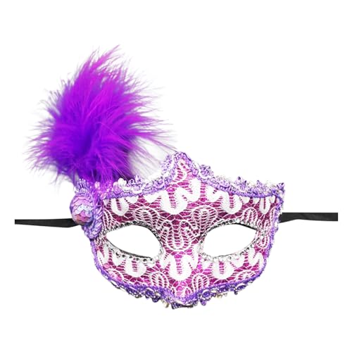 DolceTiger Damen-Maskerade Maske, Maskenball Masken, Federmaske mit Glitzer-Pailletten Spitze Karneval Dekorationen Venezianische Masken für Frauen Karneval (Purple #1, One Size) von DolceTiger