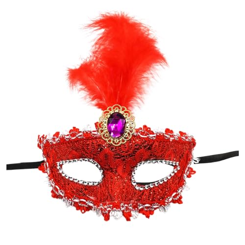 DolceTiger Damen-Maskerade Maske, Maskenball Masken, Federmaske mit Glitzer-Pailletten Spitze Karneval Dekorationen Venezianische Masken für Frauen Karneval (Red #3, One Size) von DolceTiger