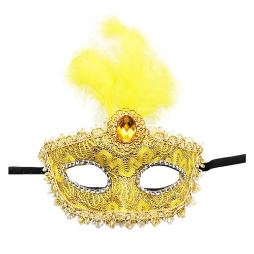 DolceTiger Damen-Maskerade Maske, Maskenball Masken, Federmaske mit Glitzer-Pailletten Spitze Karneval Dekorationen Venezianische Masken für Frauen Karneval (Yellow #3, One Size) von DolceTiger