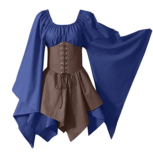 DolceTiger Mittelalterliches Kostüm für Damen Trompetenärmel irisches Hemdkleid mit Korsett, traditionelles Kleid, Halloween Frauen Cosplay-Kostüme, Damen Kleid Schwarz Festlich (Blue, M) von DolceTiger