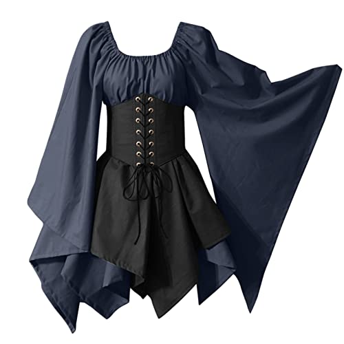 DolceTiger Mittelalterliches Kostüm für Damen Trompetenärmel irisches Hemdkleid mit Korsett, traditionelles Kleid, Halloween Frauen Cosplay-Kostüme, Damen Kleid Schwarz Festlich (Dark Blue, XXL) von DolceTiger