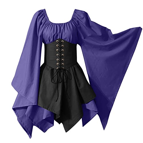 DolceTiger Mittelalterliches Kostüm für Damen Trompetenärmel irisches Hemdkleid mit Korsett, traditionelles Kleid, Halloween Frauen Cosplay-Kostüme, Damen Kleid Schwarz Festlich (Purple, XL) von DolceTiger