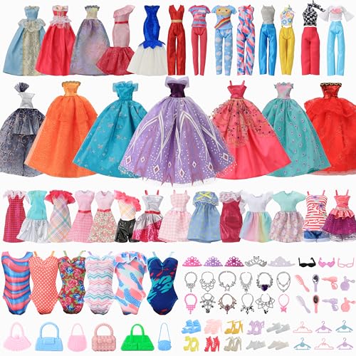 58-teiliges Puppenkleidungsset für 29,2 cm große Puppe und Barbie: 2 Hochzeitskleider, 6 modische Kleider, 2 lässige Outfits, 3 Badeanzüge, 10 Paar Schuhe, 21 Mode-Accessoires und 14 Kleiderbügel von Doll Style Studio