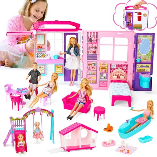 Doll House Gift Set for Dolls and Barbie with 60+ Pieces & 2 Dolls: Living Room, Bedroom, Kitchen, Bathroom, Outdoor Slide & Swing, and Pet House von Doll Style Studio