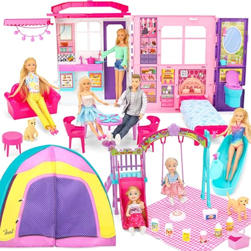 Puppenhaus-Geschenk-Set für Puppen und Barbie mit 60 Stück und 2 Puppen: mit Wohnzimmer, Küche, Schlafzimmer, Rutsche im Freien und Schaukel und Camping-Spielset von Doll Style Studio