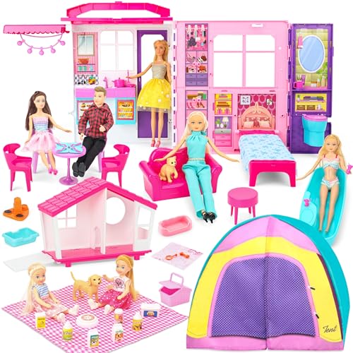 Puppenhaus Geschenkset für Puppen und Barbie mit 60+ Teilen & 2 Puppen - Spielhaus Spielzeug mit Schlafzimmer, Wohnzimmer, Küche, Haustierhaus, Camping Spielset von Doll Style Studio