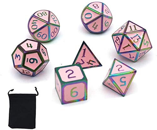 DollaTek 7 PCS Metallwürfelset DND-Spiel Polyedrisches D & D-Würfelset aus massivem Metall mit Aufbewahrungstasche und Zinklegierung mit Emaille für Rollenspiele Dungeons and Dragons (Colourful Pink) von DollaTek