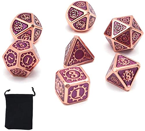 DollaTek 7PCS Polyedrisches Metallwürfelset mit schwarzer Aufbewahrungstasche für Rollenspiele Dungeons and Dragons D & D-Mathematikunterricht (Gear Copper Red and Purple) von DollaTek