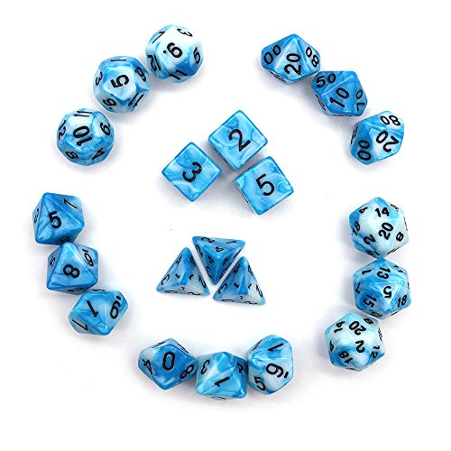 DollaTek Polyhedral Dice Set Tischspiele Würfel 3 Sätze Würfel 3 x 7 (21 Stück) Die Serie D20 D12 D10 D8 D6 D4 DND RPG MTG Doppelfarben Einteilig (Blau Weiß und Schwarz) von DollaTek
