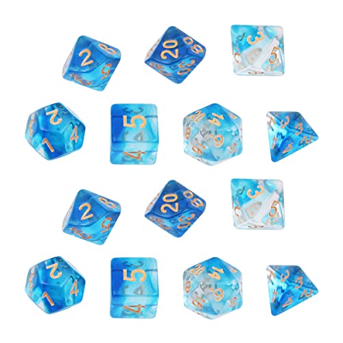 DollaTek Transparente Polyedrische Würfel Set: 2 Sätze Würfel (14 Stück) - D20, D12, D10, D8, D6, D4 - DND, RPG, MTG - Doppelfarben, Einteilig (Blau) - Acryl von DollaTek
