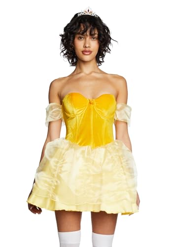 Dolls Kill Klassisches Prinzessinnen-Kostüm-Set von Trickz N' Treatz - Samt-Miederkleid mit Satinrock und Diadem, gelb, Large von Dolls Kill