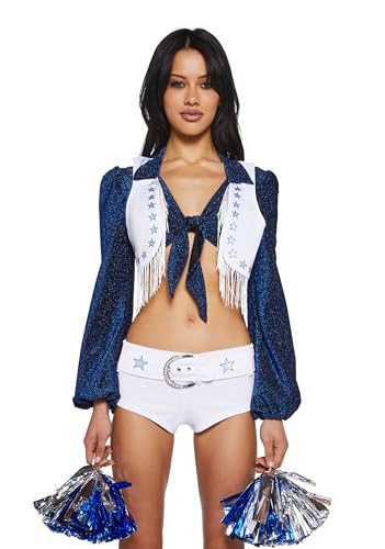 Dolls Kill Lone Star Cheerleader Kostüm-Set von Trickz N' Treatz – Crop Top, Shorts, Weste, Pompons und Haarspange, Blau, XX-Small von Dolls Kill