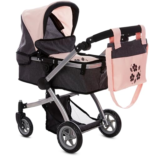 Kinderwagen, 63,5 cm (25 Zoll), umwandelbar, verstellbarer klappbarer Griff mit Sonnendach und Aufbewahrungskorb, hochwertige Schwenkräder von Dolls To Play