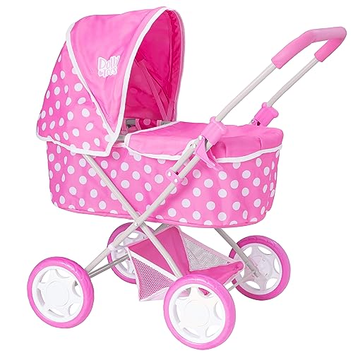 Dolly Tots Baby Puppenwagen | Kinderwagen Spielzeug mit Pink-Weißem Punktemuster | Reisesystem mit Aufklappbarem Verdeck und Stauraum Unter dem Sitz | Puppenzubehör und Puppenwagen ab 3 Jahre von Dolly Tots