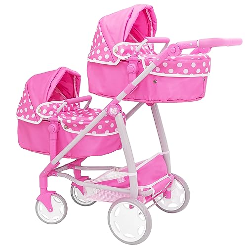 Dolly Tots Zwillings Puppenwagen | Doppel Puppenbuggy mit Pinkfarbenem Punktemuster | Zwillingspuppenwagen mit Anpassbarer Griffhöhe und Mehreren Sitzmöglichkeiten | Puppenwagen ab 3 Jahre von Dolly Tots