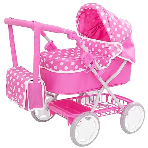 Dolly Tots Junior Puppenwagen | Kinderwagen Spielzeug mit Passender Wechseltasche & Aufklappbarem Verdeck | Pinkfarbenes Punktemuster| Stauraum Unter dem Wagen |Puppenzubehör & Puppenwagen ab 3 Jahre von Dolly Tots