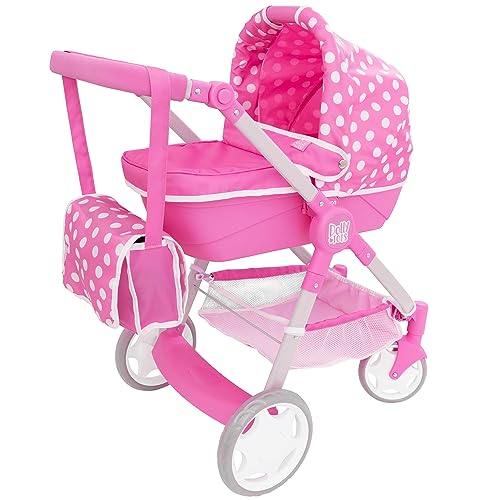 Dolly Tots Junior Roamer Puppenwagen | Puppenwagen ab 3 Jahre mit Abnehmbarer Puppentrage |Mit Wechseltasche & Staufläche für Puppenzubehör| Punktemuster in Pink und Einstellbarer Griff von Dolly Tots