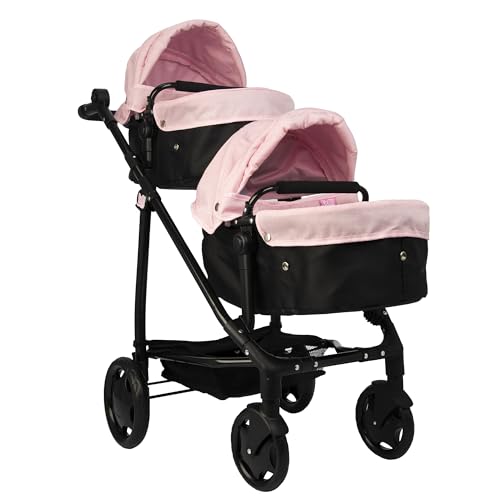 Dolly Tots Pinkfarbener Zwillings-Puppenwagen | Rosa & Schwarzer Doppel-Puppenbuggy | Doppelter Puppenwagen mit höhenverstellbarem Schiebegriff und Mehreren Sitzoptionen | Geeignet ab 3 Jahren von Dolly Tots
