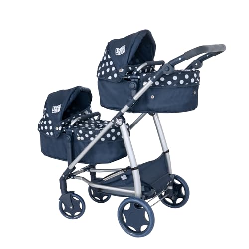 Dolly Tots Zwillingskinderwagen | Navy-Punkte Doppelpuppenwagen | Doppel-Puppenwagen mit verstellbarem Schiebegriff und Mehreren Sitzoptionen | Faltbarer Kinderpuppenwagen | Geeignet ab 3 Jahren von Dolly Tots
