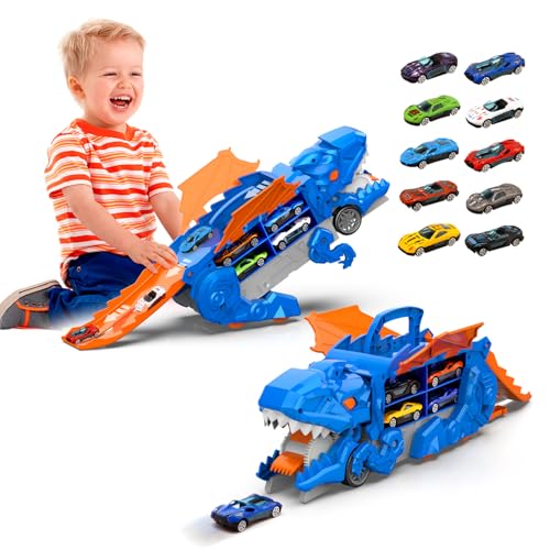 11 in 1 Dinosaurier Autotransporter Spielzeug für 3 4 Jährige,Spielzeug für Kleinkindertransporter mit 10 Spielzeugautos aus Legierung, Dinosaurier Spielzeug für Jungen ab 2 3 4 5 6 +Jahren von Doloowee