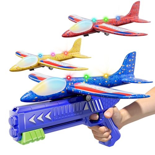 Doloowee 3 Pack Flugzeug Launcher Spielzeug Flugzeugbausätze, 12,6 Zoll LED Schaum Gleiter Katapult, 2 Flug Modi, fliegen, 3 4 5 6 7 8-12 Jahre alt Jungen Mädchen Geburtstag Geschenke(Blau) von Doloowee