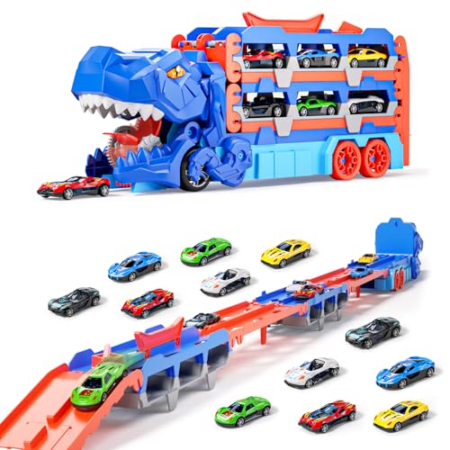 Dinosaurier Katapult Triebwagen für 3 4 5 jährige Jungen,Tragbare Transport LKW Spielzeug Autos mit 12 Mini Rennwagen, Autotransporter Spielzeug für Jungen im Alter von 3 4 5 6 7 Jahren von Doloowee