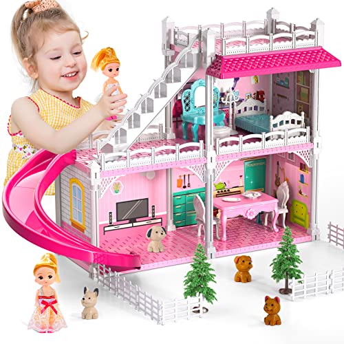 Doloowee puppenhaus Mädchen Traumspielzeug Möbel Rosa Mädchen Spielzeug, 2-Stories 3 Zimmer Puppenhaus mit 2 Prinzessinnen Dia Zubehör, Kleinkind Spielhaus Geschenk von Doloowee