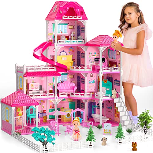 Doloowee Puppenhaus, Mädchen Traumspielzeug Möbel Rosa Mädchen Spielzeug, 4 Geschichten 10 Zimmer Puppenhaus, Kleinkind Spielhaus Geschenk 3+Jahre alte Mädchen Spielzeug von Doloowee