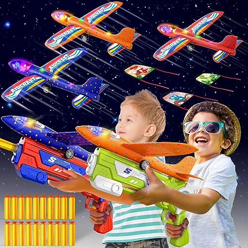 Doloowee 4 IN 1 Airplane Launcher Spielzeug, LED Schaumstoff Gleiter Flugzeug Katapult, 3 Flugmodi, Outdoor Sport Fliegen Spielzeug 3-12 Jahre alt Jungen Mädchen Geburtstag Geschenke(Blau+Grün) von Doloowee