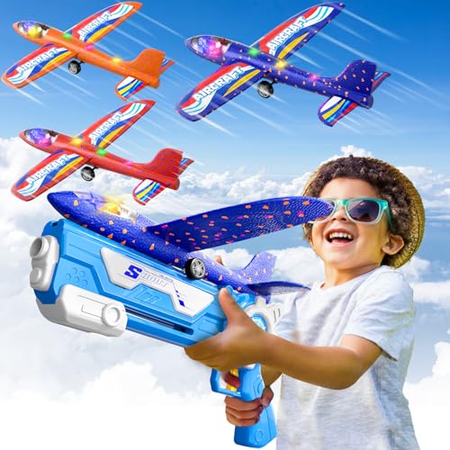 Doloowee Flugzeug Spielzeug, 3 Styroporflieger mit Katapult Spielzeugpistole, Outdoor Spielzeug für Kinder ab 4 Jahre, Geschenk Jungen Mädchen 4 5 6 7 8 9 10 Jahre von Doloowee